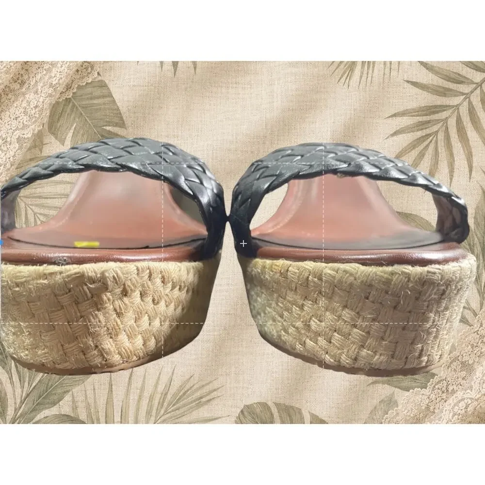 WHBM White House Black Market Womens 10M Black Leather Espadrille Wedge Sandals - Picture 7 of 10